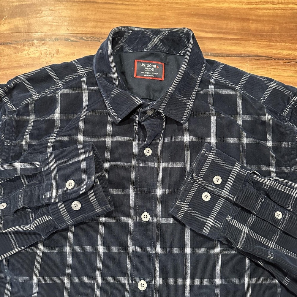 UNTUCKit Shirt Mens Medium Blue Tri State Windowpane Corduroy Button Front